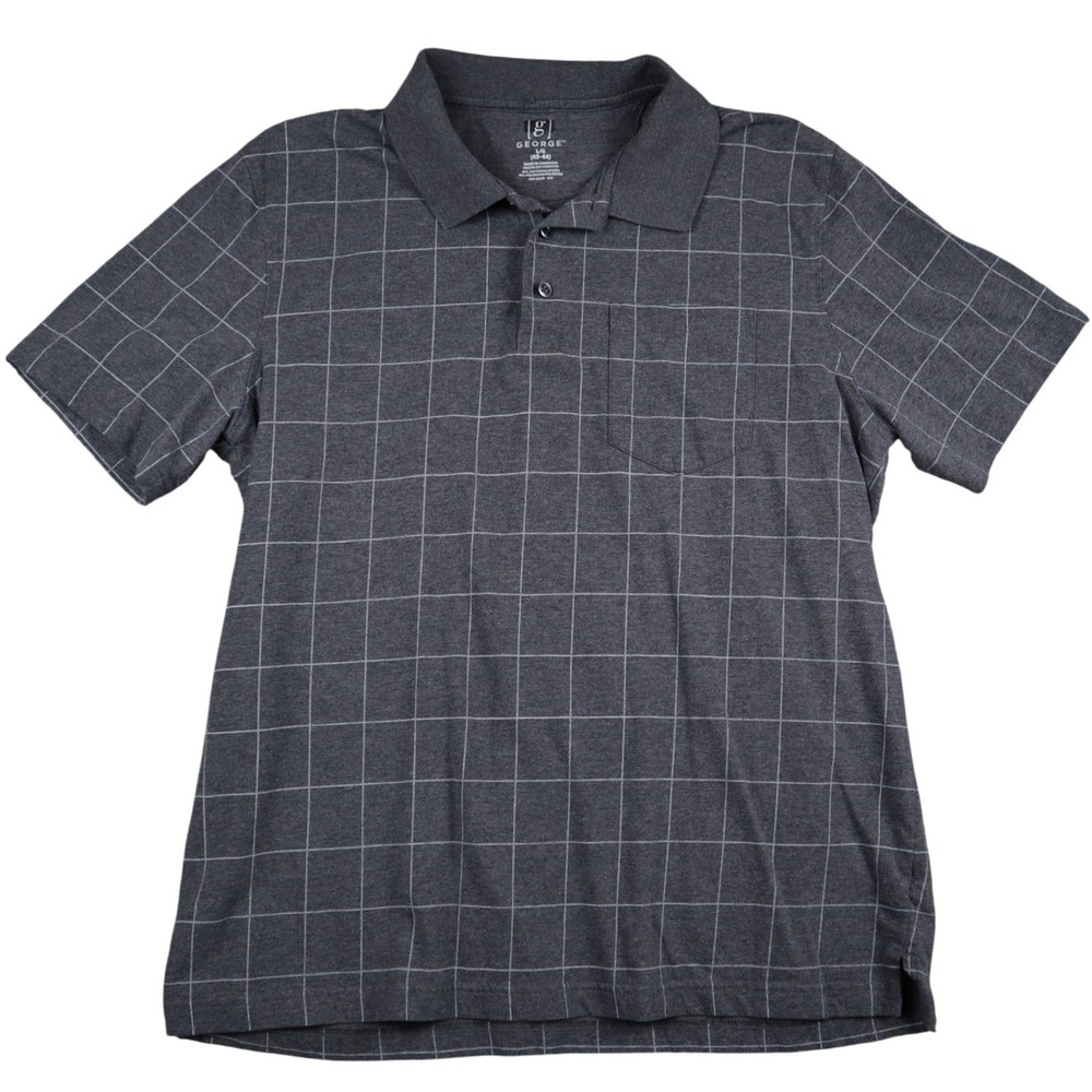 90s‎ Vtg GEORGE Men's Grey Plaid Graph Paper Short Sleeve Polo Shirt Size Lg 44